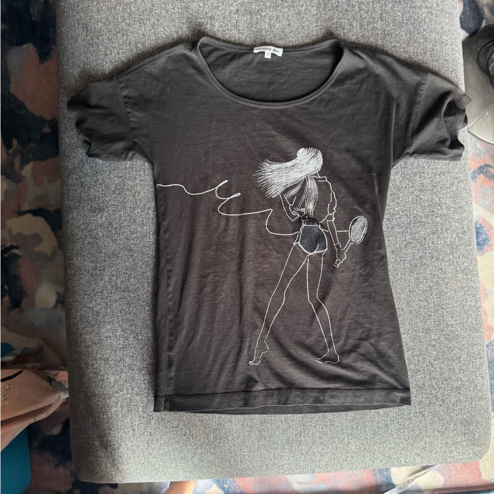Cute Lacoste Black Graphic T-Shirt with Tennis Design